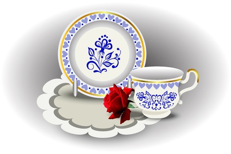 Elegant tea couple cup and plate, napkin and rose, vector illustration, hand drawing.のイラスト素材