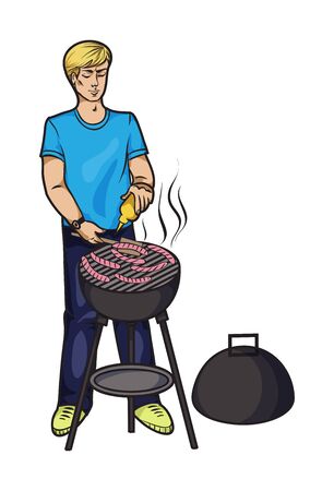 BBQ party.  guy is cooking sausages barbecue outdoors  for his friends. Isolated vector illustration on a white backgroundのイラスト素材