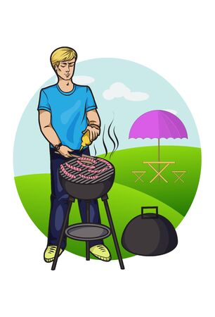 The young man prepares sausages in BBQ outdoors. Isolated logo in the circle, vector illustrationのイラスト素材