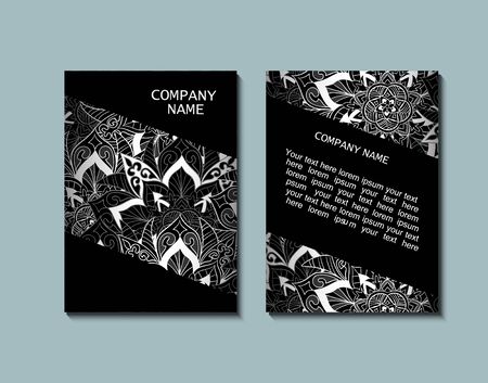 Flyer template with abstract ornament pattern. Greeting card design. Front page and back page. Vector.のイラスト素材
