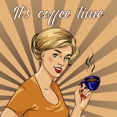Beautiful woman drinks coffee vector illustration in retro comic pop art style. Coffee time concept poster.のイラスト素材