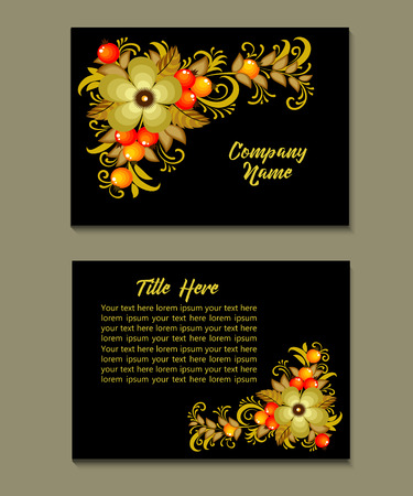 Flyer template with Rassian Khokhloma ornament pattern. Greeting card design. Front page and back page. Vector.のイラスト素材