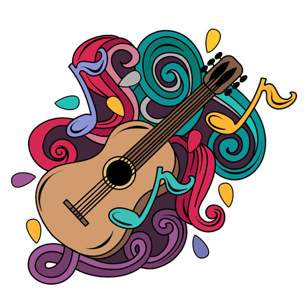 Cartoon hand-drawn doodles Musical illustration. Colorful vector background with guitar and abstract objectsのイラスト素材