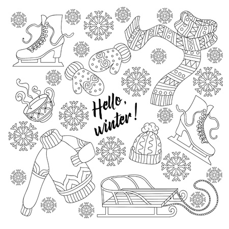 Cartoon cute doodles hand drawn Hello Winter . Sketch detailed, vector illustrationのイラスト素材