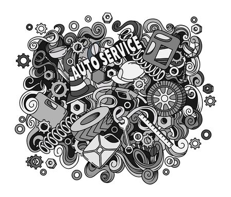 Cartoon cute doodles hand drawn Auto service illustration. Sketch detailed, with lots of objects background.のイラスト素材