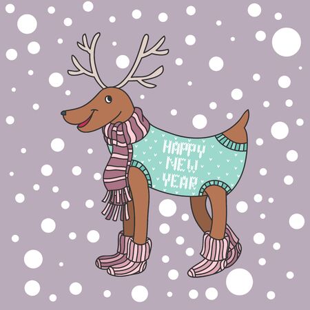 Cartoon funny Christmas deer knitted clothes and socks, hand-drawn vector illustrationのイラスト素材