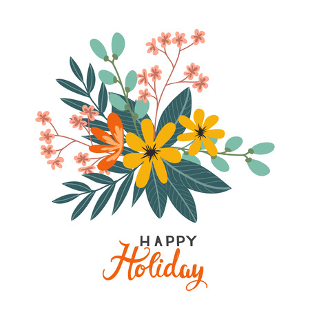 Colorful vintage bouquet of flowers on a white background, Happy Holiday vector illustrationのイラスト素材