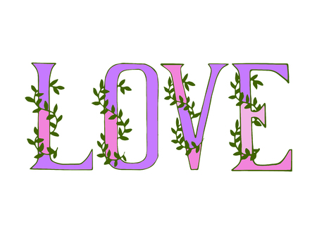 Love. Hand drawn vintage print with letter and floral branch.のイラスト素材