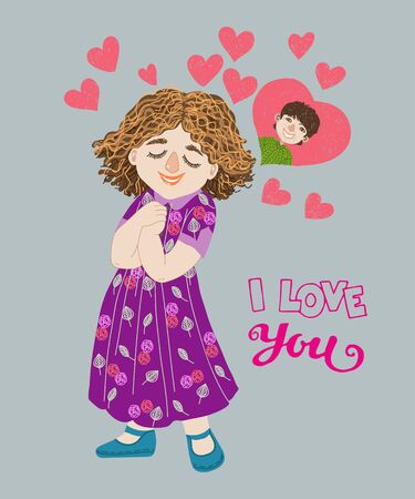 Hand-drawn cartoon girl thinks about the boy.のイラスト素材