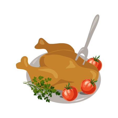 Vector illustration thanksgiving day with turkey and vegetables on dish.のイラスト素材