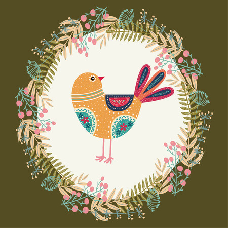 Art vector colorful illustration with beautiful abstract folk bird and floral wreath . Artwork for decoration your interior and for use in your unique designのイラスト素材
