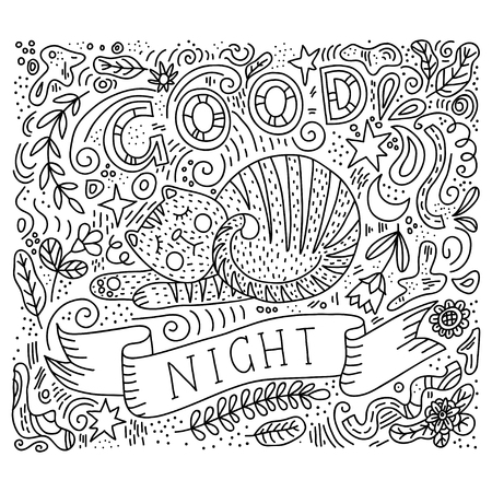 vector illustration of hand lettering text - good night. Sleeping cat surrounded by twigs, flowers, dots, curls. Line art sketchのイラスト素材