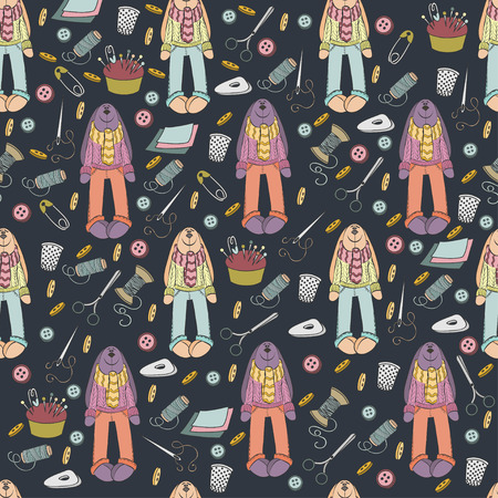 Colorful vector hand drawn seamless pattern with Handmade Tilde doll hare cartoon doodle, symbols and itemsのイラスト素材