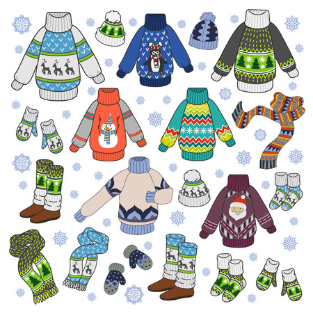 Colorful vector hand drawn cartoon set of Winter season clothes. Line doodles vector illustrationのイラスト素材