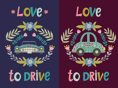 Love to drive, set of Hand drawing cute cartoon car with a floral elements and patterns. Doodle folk flat, vector illustration for your design.のイラスト素材