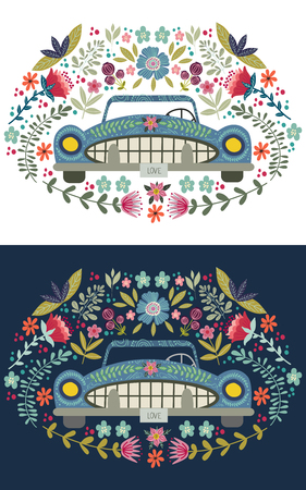 Hand drawing cute cartoon car with a floral elements and patterns. Doodle flat, vector illustration for design and print.のイラスト素材