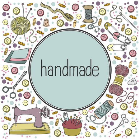 Colorful vector hand drawn Handmade with lot objects cartoon doodle, template banner or posterのイラスト素材