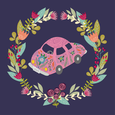 Hand-drawn cute car with a lot of floral elements and patterns in the folk style inside a circular wreath. A great idea for a print, template for the design of children's themes. Vector illustrationのイラスト素材