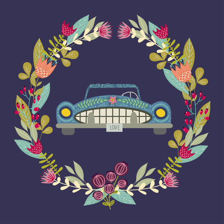 Hand-drawn cute car with a floral elements and patterns in the folk style inside a circular wreath. A great idea for a print, template for the design of children's themes. Vector illustrationのイラスト素材