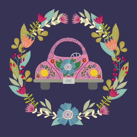 Hand drawing cute car with a lot floral elements and patterns inside a circular wreath. A great idea for a print, template for the design of children's themes. Vector illustrationのイラスト素材