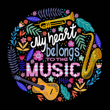 Bright colorful Round concept, lettering with musical instruments and flowers. Hand drawing flat doodle vector illustration.のイラスト素材