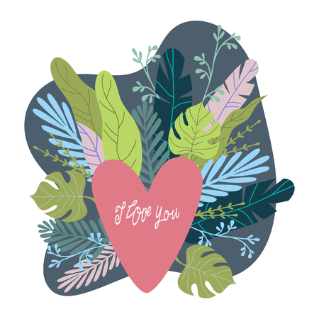 I love you, pink heart and abstract flowers and leaves with hand draw lettering on a white background, modern flat vector illustrationのイラスト素材