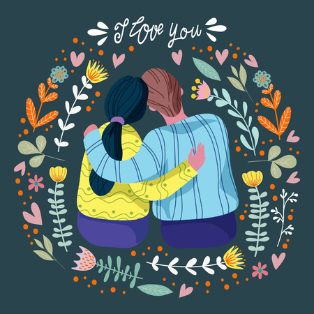 I love you, loving couple and abstract flowers and leaves with hand draw lettering, flat vector illustrationのイラスト素材