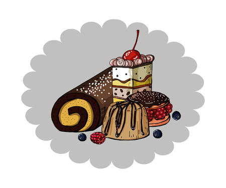 Set of colorful Sweet Cakes on a circle blue background, vector illustrationのイラスト素材