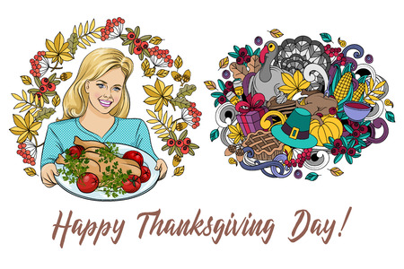 Set of cartoon vector hand drawn Doodle Thanksgiving illustration. Colorful design background with objects and symbols.のイラスト素材