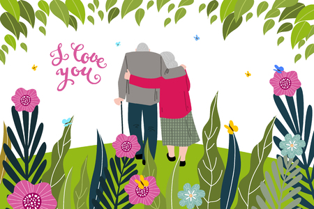 I love you greeting card with senior couple and flowers, flat vector illustration isolated on white background. Valentine day vector illustrationのイラスト素材