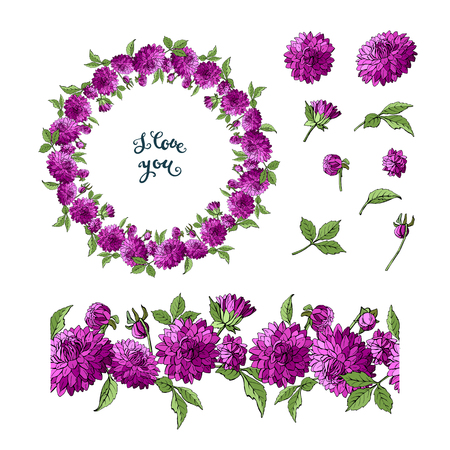 Set of purple dahlia floral elements isolated on white background, wreath and seamless brush of flowers, vector illustrationのイラスト素材