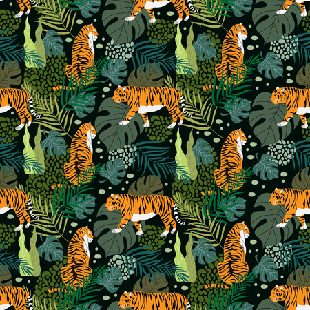 Seamless pattern with tigers and tropical leaves. Trendy style. Hand draw Vector illustrationのイラスト素材