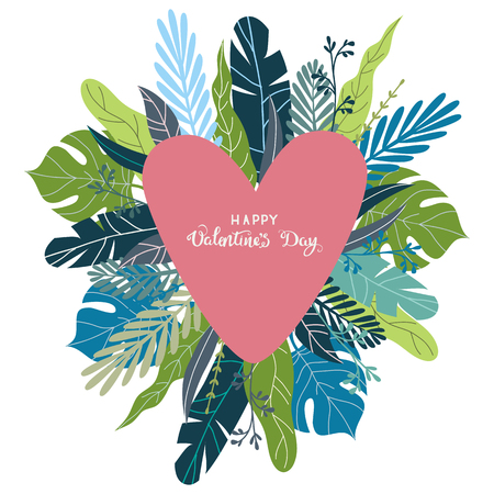 Floral hand draw design concept for Valentines Day. Isolated Flower vector illustration with pink heart and text on a white backgroundのイラスト素材