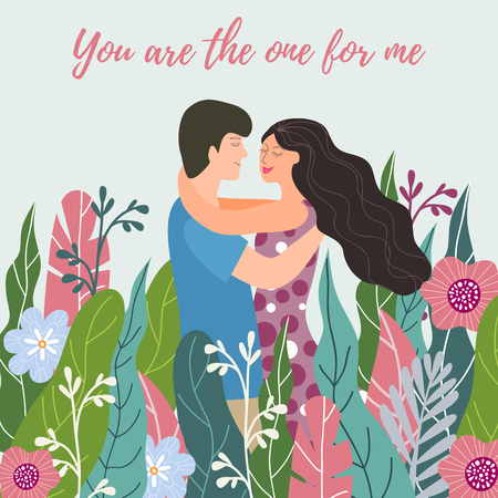 Happy Valentines Day. Couple in love among flowers. Design element for card, poster, banner, flyer and other use. Vector illustrationのイラスト素材