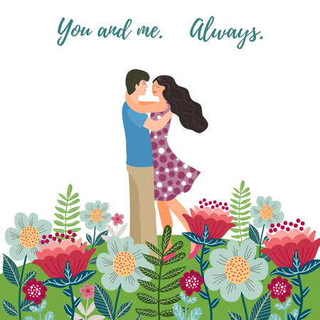 Happy Valentines Day. Couple in love among multicolored flowers. Design element for card, poster, banner, flyer and other use. Vector illustrationのイラスト素材