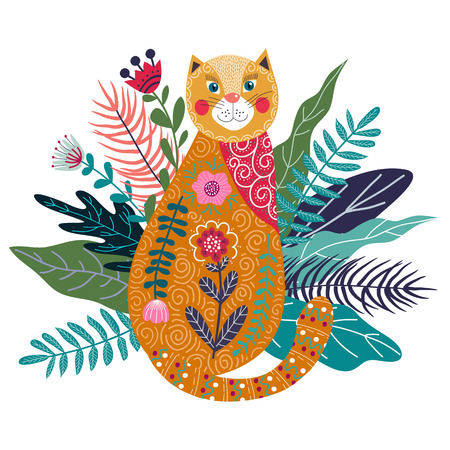 Art vector colorful isolated illustration with cute ginger cat, flower and grass. Artwork for decoration your interior and for use in your designのイラスト素材