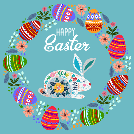 Happy Easter. Cartoon cute folk rabbit with wreath of eggs and flowers with text. Vector illustrationのイラスト素材