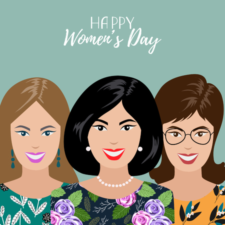Happy womens day. Three smiling Womens. Vector Templates for card, poster, flyer and other usersのイラスト素材
