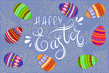 Happy Easter. Cartoon cute eggs and hand drawing doodle with text. Horizontal Vector illustrationのイラスト素材