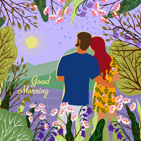 Good morning. Young couple meets new day. Sunrise, hills, flowers, trees, natural landscape in a trendy flat cute style. Vector illustrationのイラスト素材