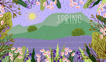 Horizontal Vector illustration in trendy flat cute style - plants, leaves and nature landscape - background for banner, greeting card, poster and advertisingのイラスト素材