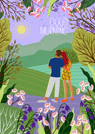 Young couple meets new day. Sunrise, hills, flowers, trees, natural landscape in a trendy flat style. Vertical Vectorのイラスト素材
