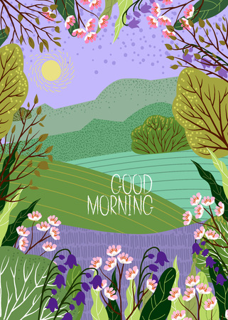 Vector illustration in trendy flat cute style, background with nature landscapeのイラスト素材