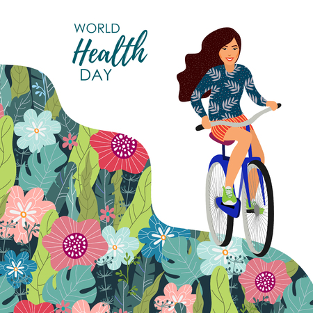 Healthy lifestyle. Vector illustration with girl on a bicycle and floral backgroundのイラスト素材