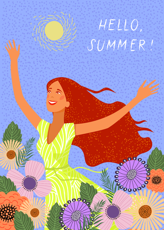 Hello summer. Running joyful redhead girl on the background of doodle flowers . Cute vector illustration.のイラスト素材