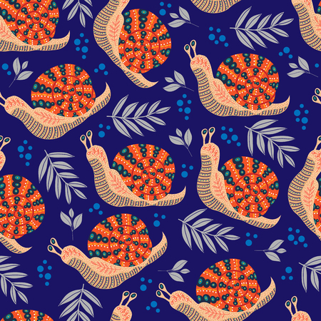 Vector cute seamless pattern with folk snail and leaves on dark background.のイラスト素材