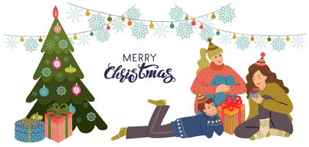 Young people prepares presents near Christmas tree. Isolated Vector flat illustration on a white background. Freehand drawing for postcards, banners or postersのイラスト素材