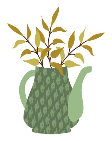 Branches in kettle hand drawn vector flat illustration. Twigs with autumn leaves in teapot isolated on white background.のイラスト素材