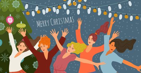 Merry christmas and happy new year. Cheerful smiling jumping girls at a corporate party on the background of festive garlands and christmas tree. Cute hand-drawn vector for cards and postersのイラスト素材