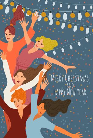 Merry christmas and happy new year. Cheerful smiling jumping girls at a corporate party on the background of festive garlands. Cute hand-drawn vector illustration for cards and postersのイラスト素材